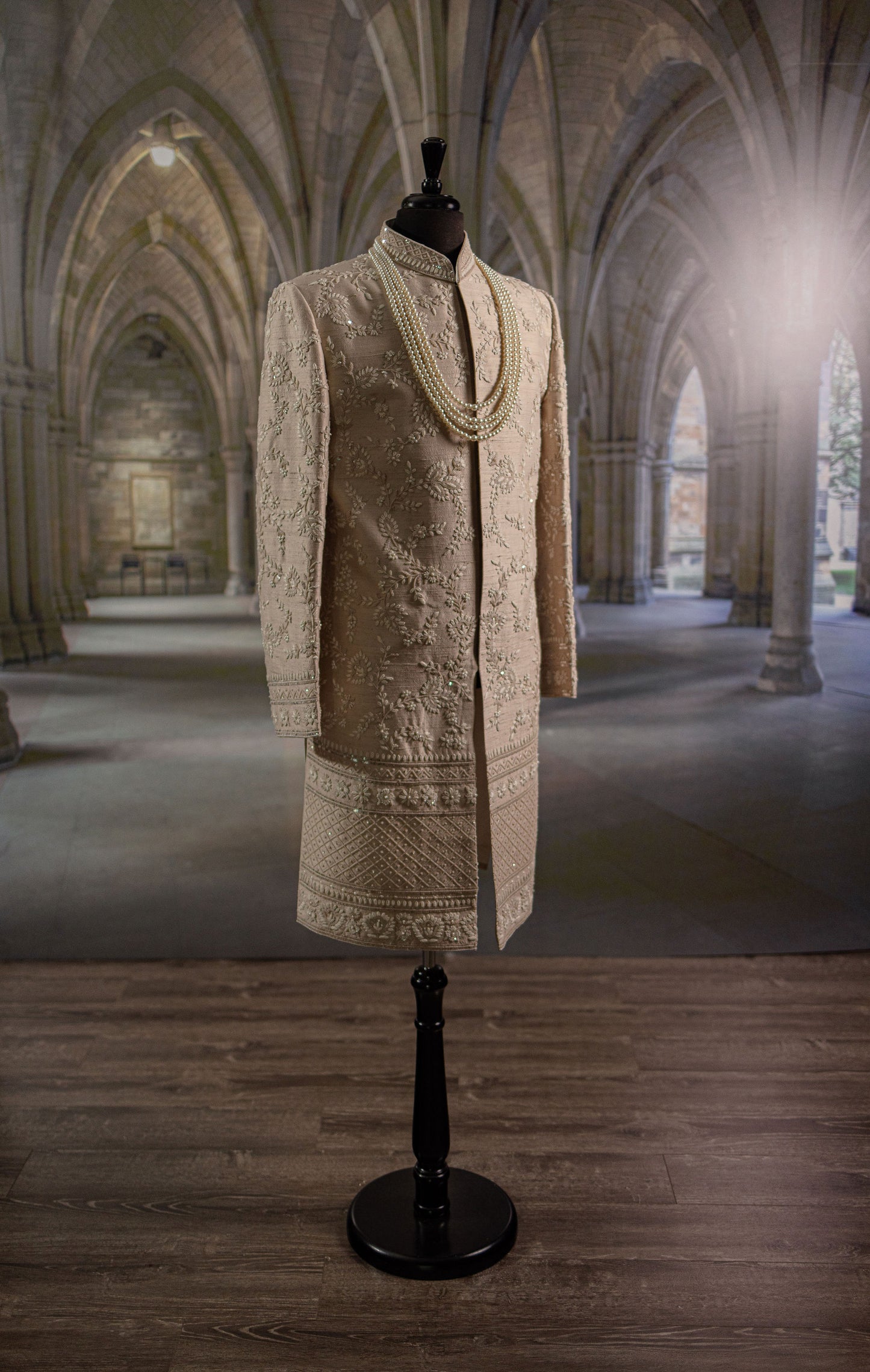 Beige Sherwani with Hand-Embroidery