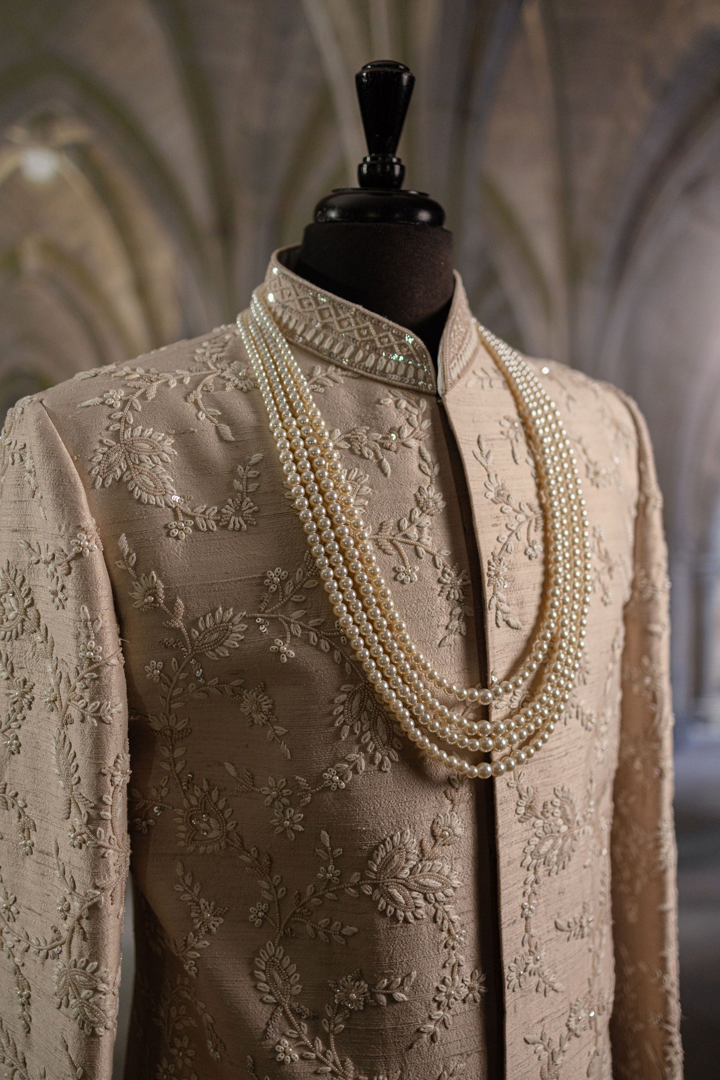 Beige Sherwani with Hand-Embroidery