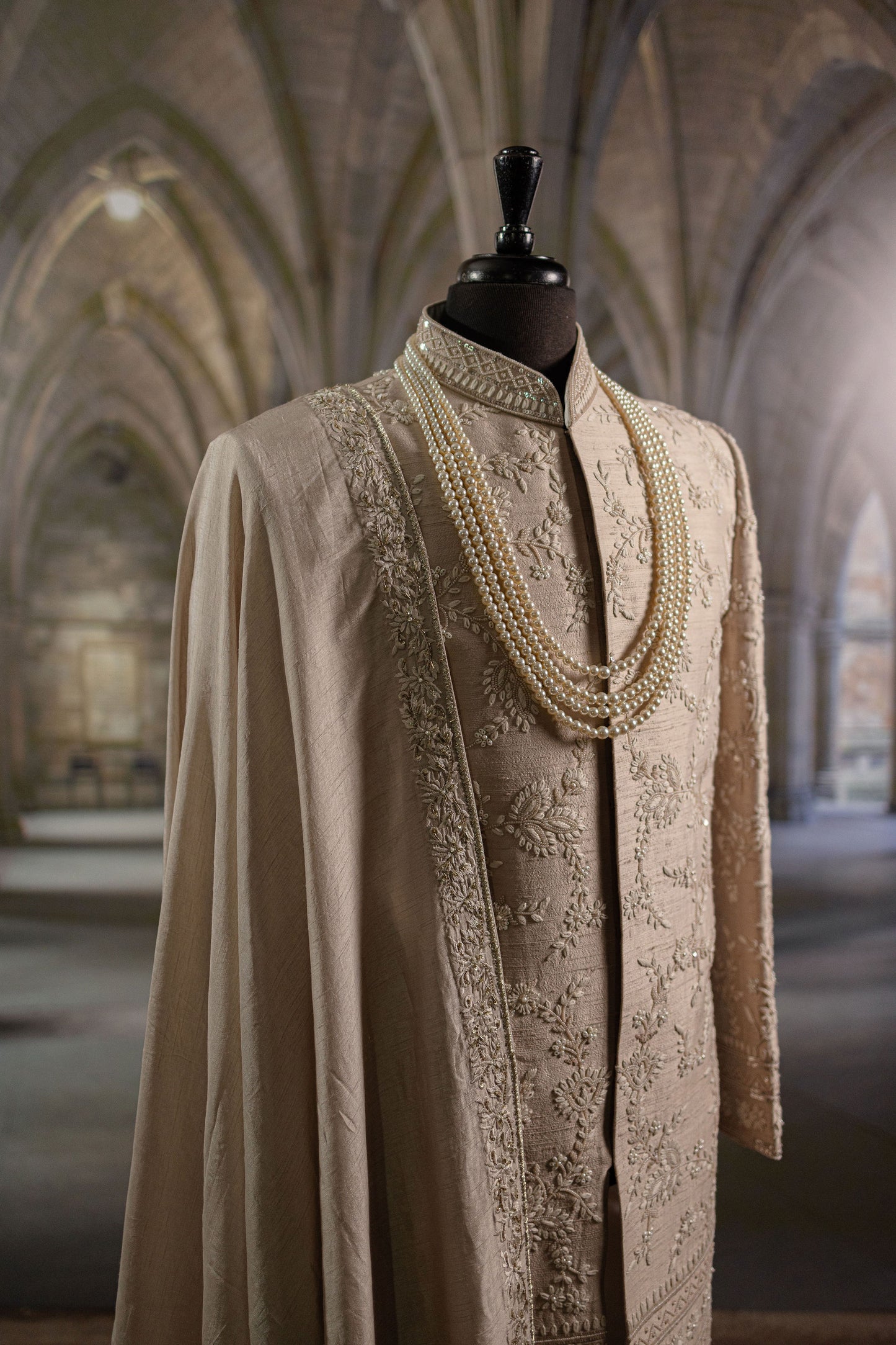 Beige Sherwani with Hand-Embroidery