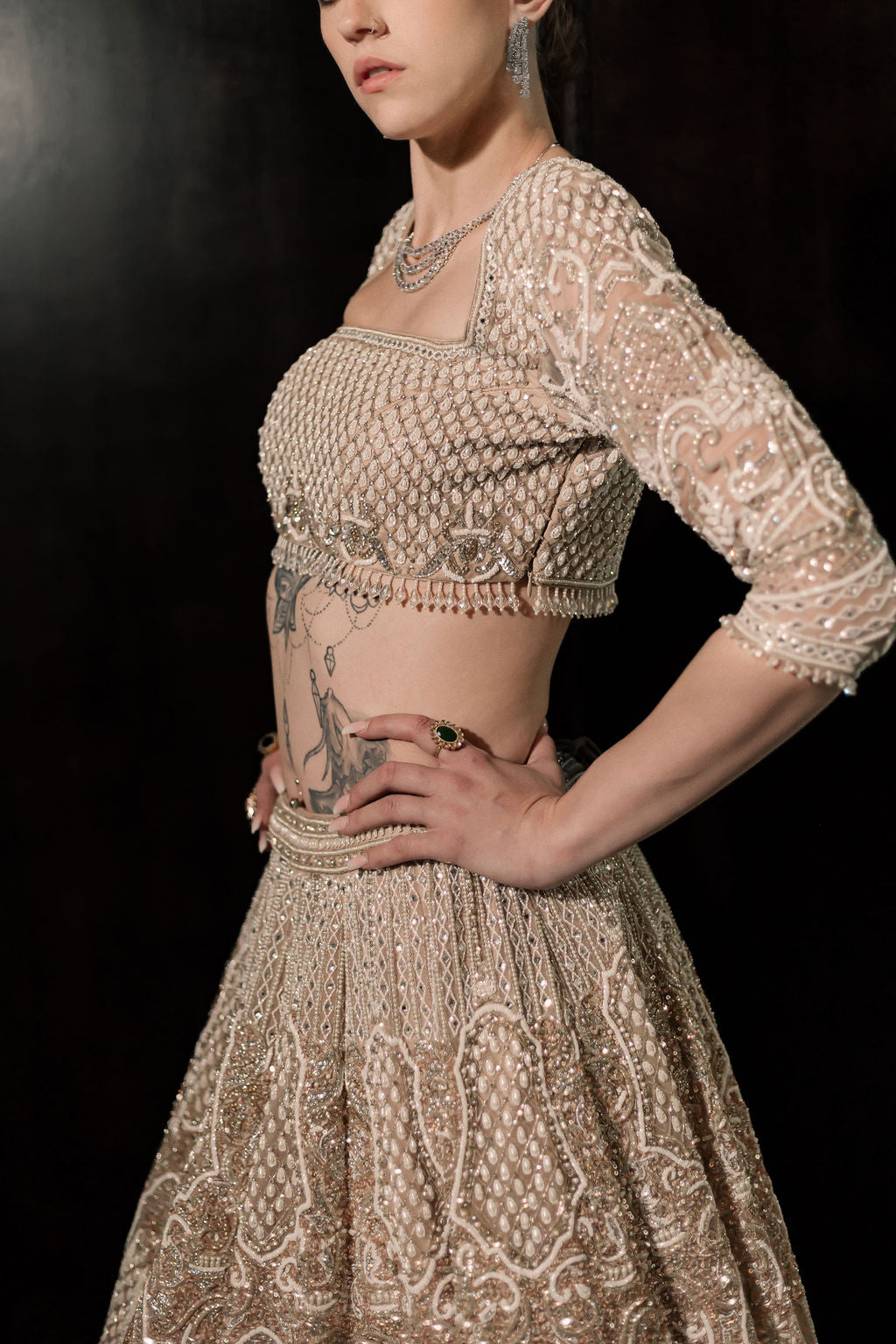 Zea light champagne silver embroidered reception lehenga by WellGroomed