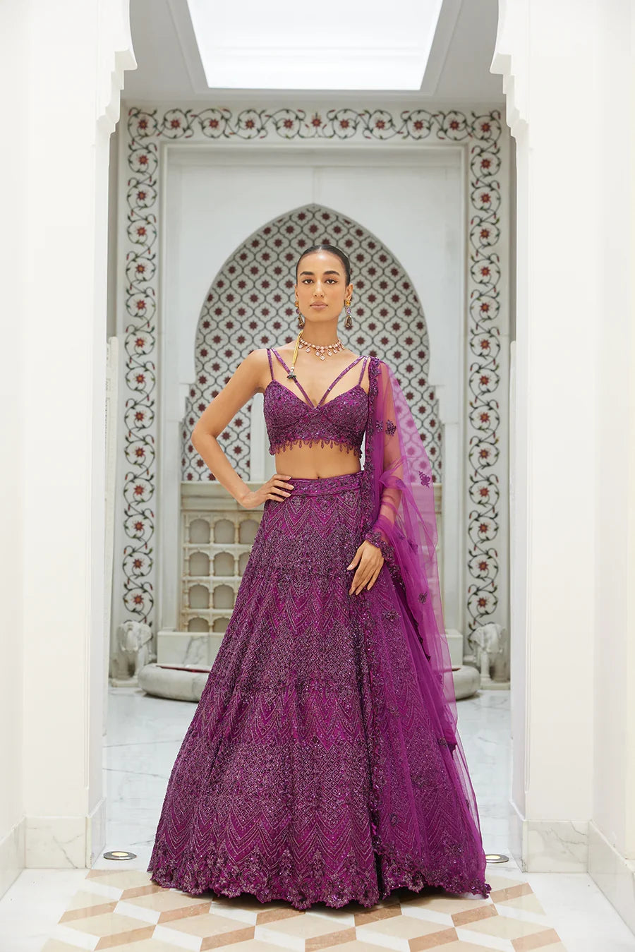 Tiya wine embellished reception lehenga by WellGroomed