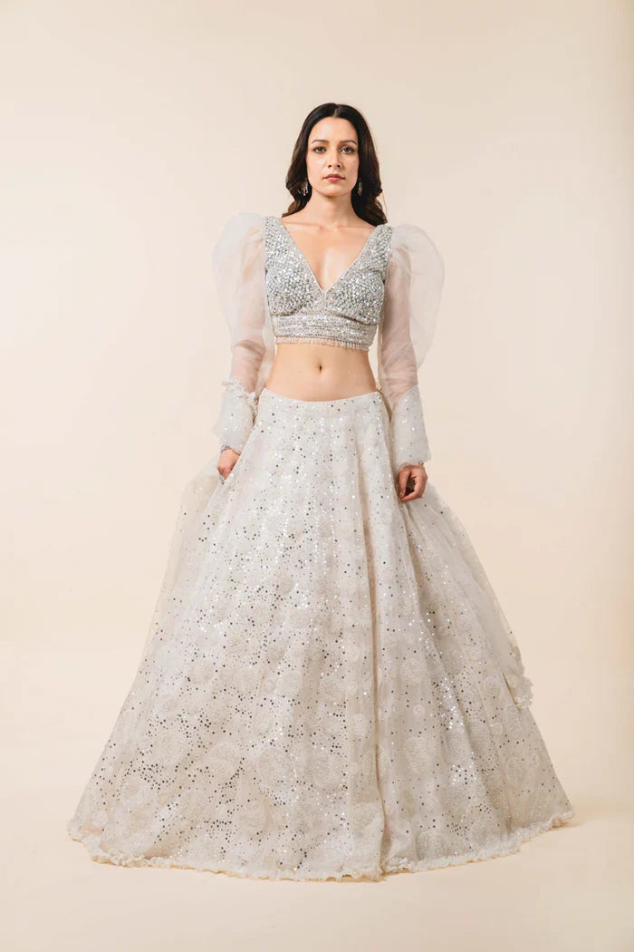 Roop ivory organza reception lehenga by WellGroomed