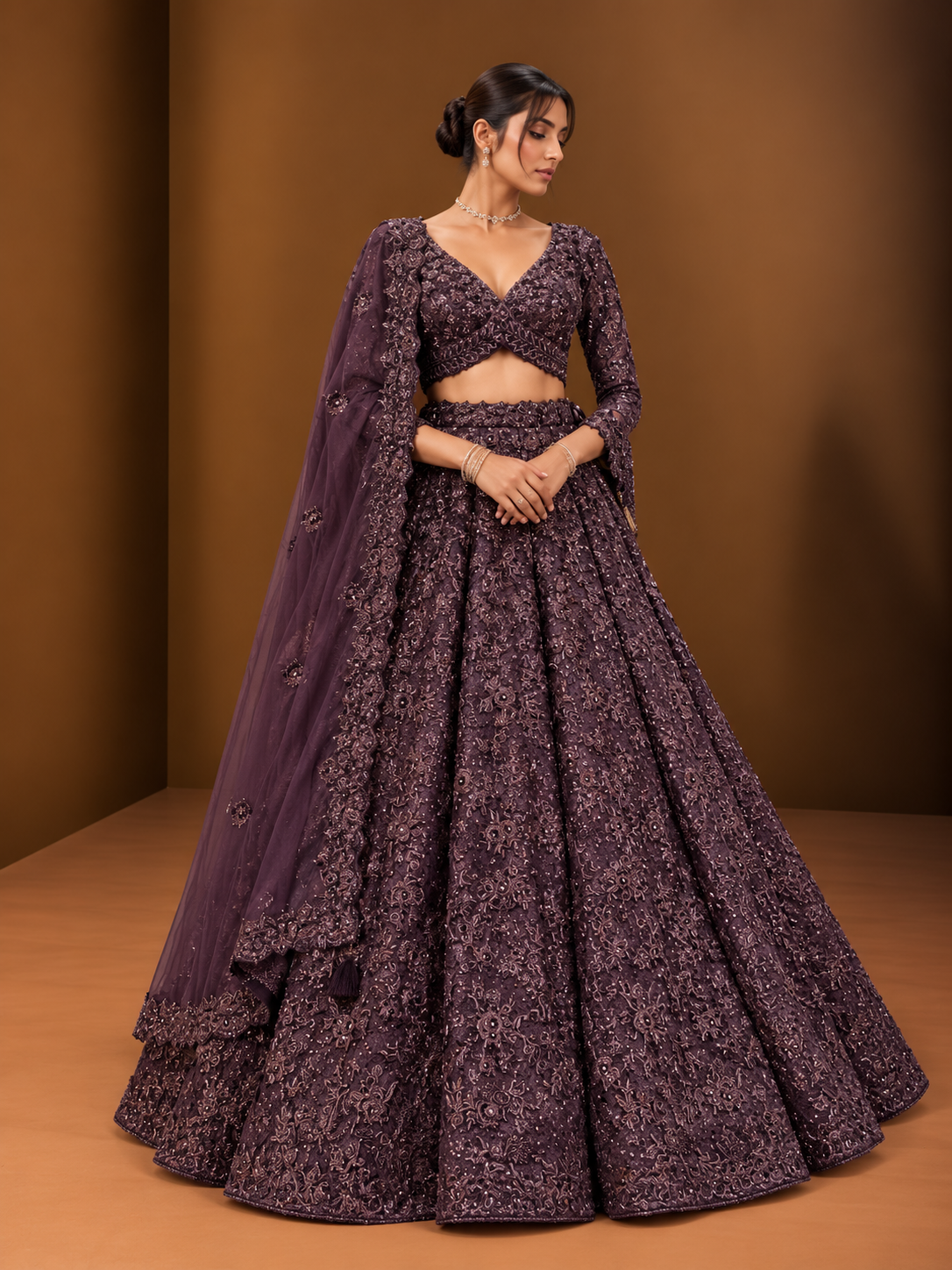 Deep Plum Embroidered Reception Lehenga – WellGroomed Designs