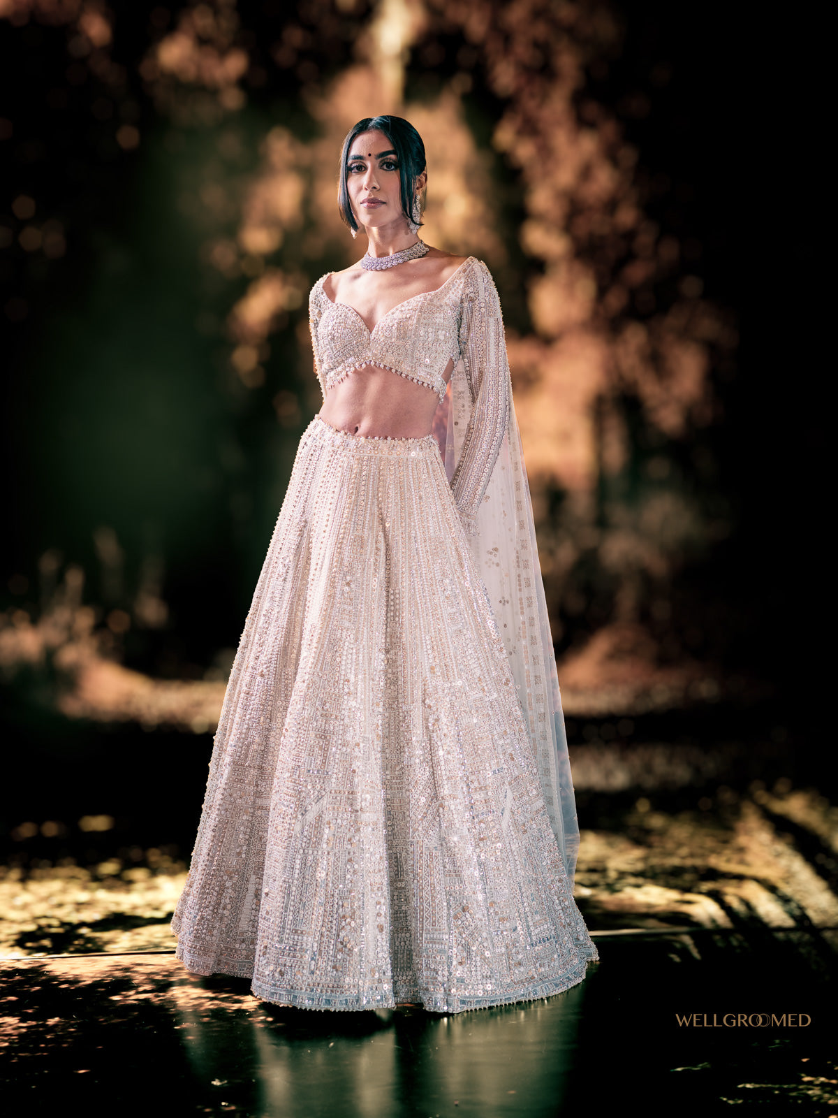 Rekha white crystal reception lehenga by WellGroomed