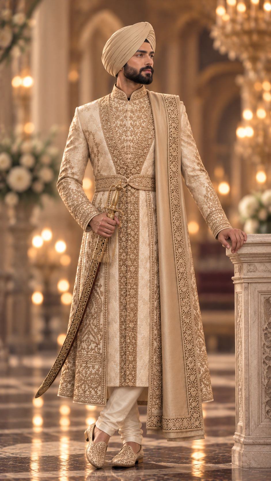 Champagne gold embroidered Sikh groom sherwani with matching turban, shawl and ceremonial sword