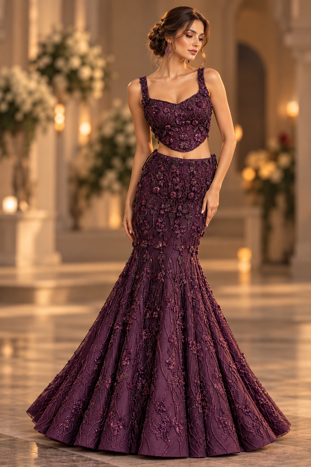 Deep plum mermaid cut reception lehenga with tonal floral bead embroidery