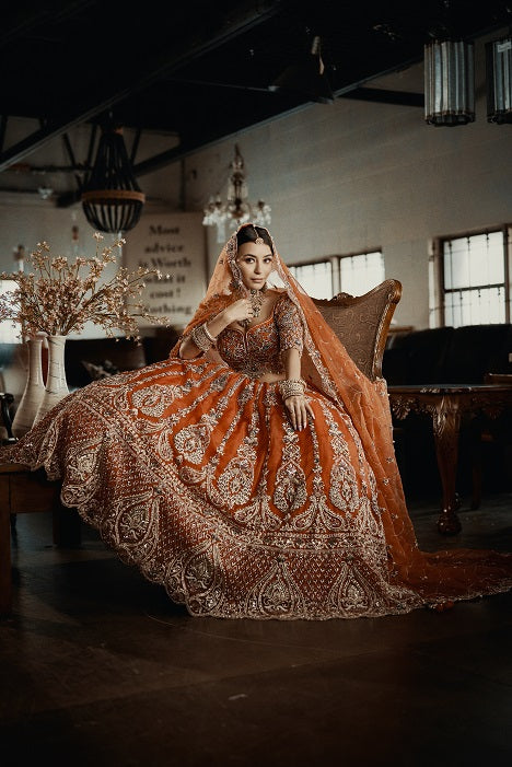 Zahra tiger orange and sage zardozi bridal lehenga by WellGroomed