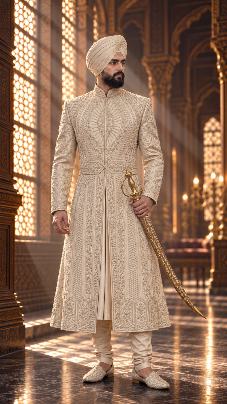 Ivory embroidered Sikh groom sherwani with matching turban and ceremonial sword