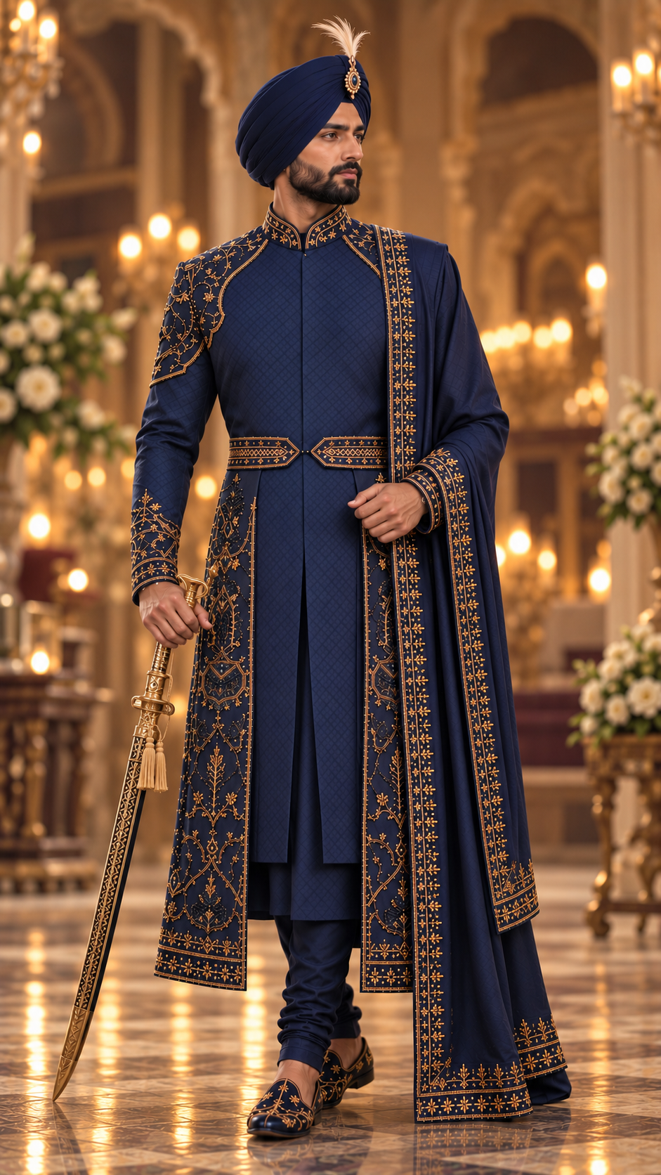 Navy blue and gold embroidered Sikh groom sherwani with matching turban, shawl, champagne feather and ceremonial sword