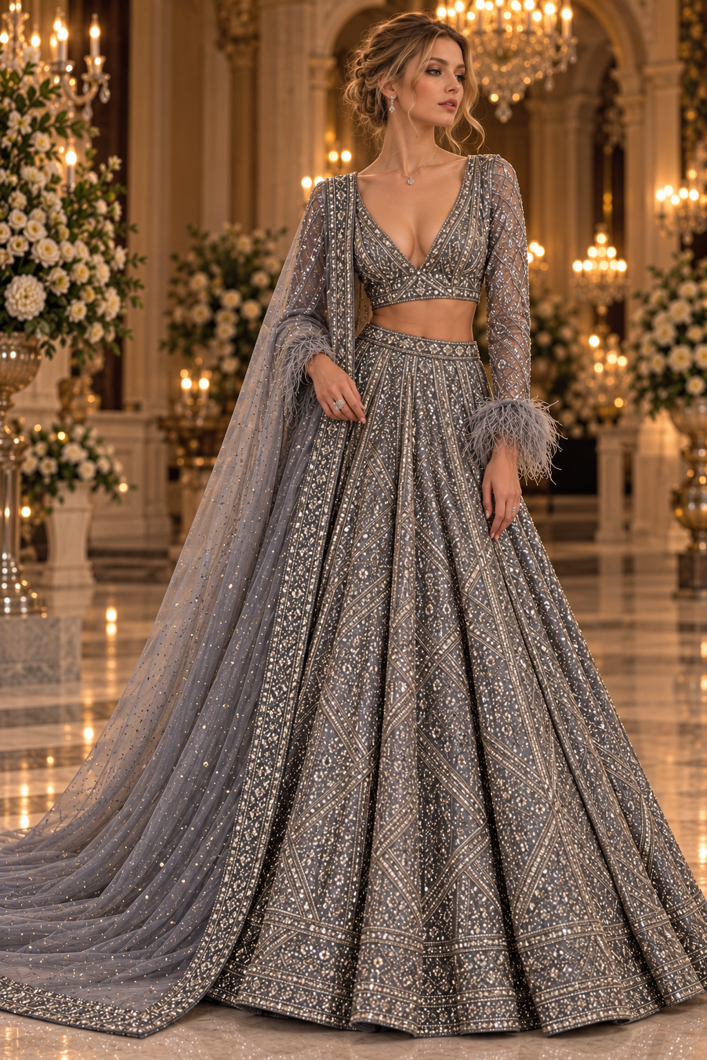 Silver grey embellished reception lehenga