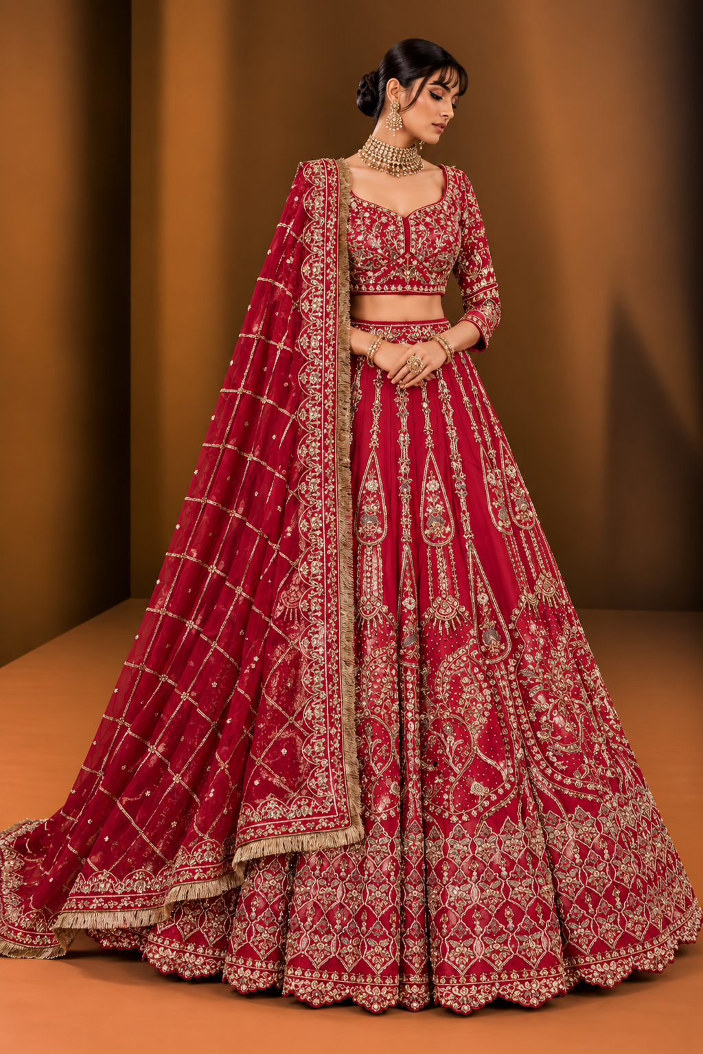 Red and gold embroidered bridal lehenga