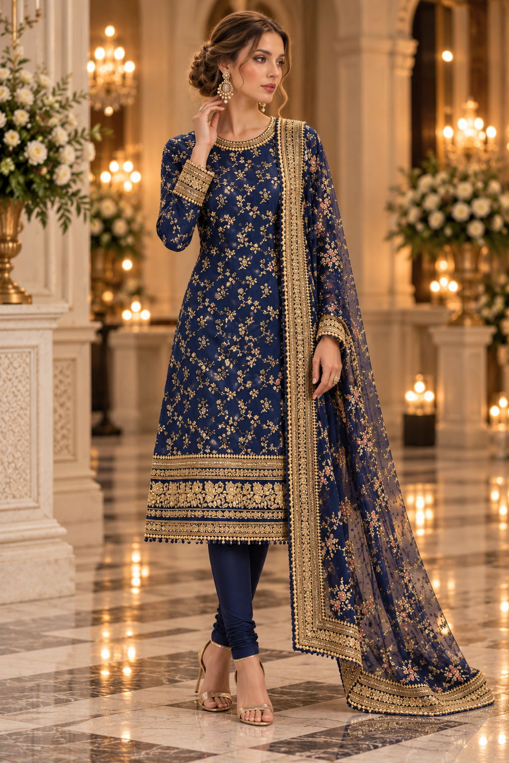 Midnight Blue Dori Embroidery Suit with Churidaar and Jaal Design Dupatta
