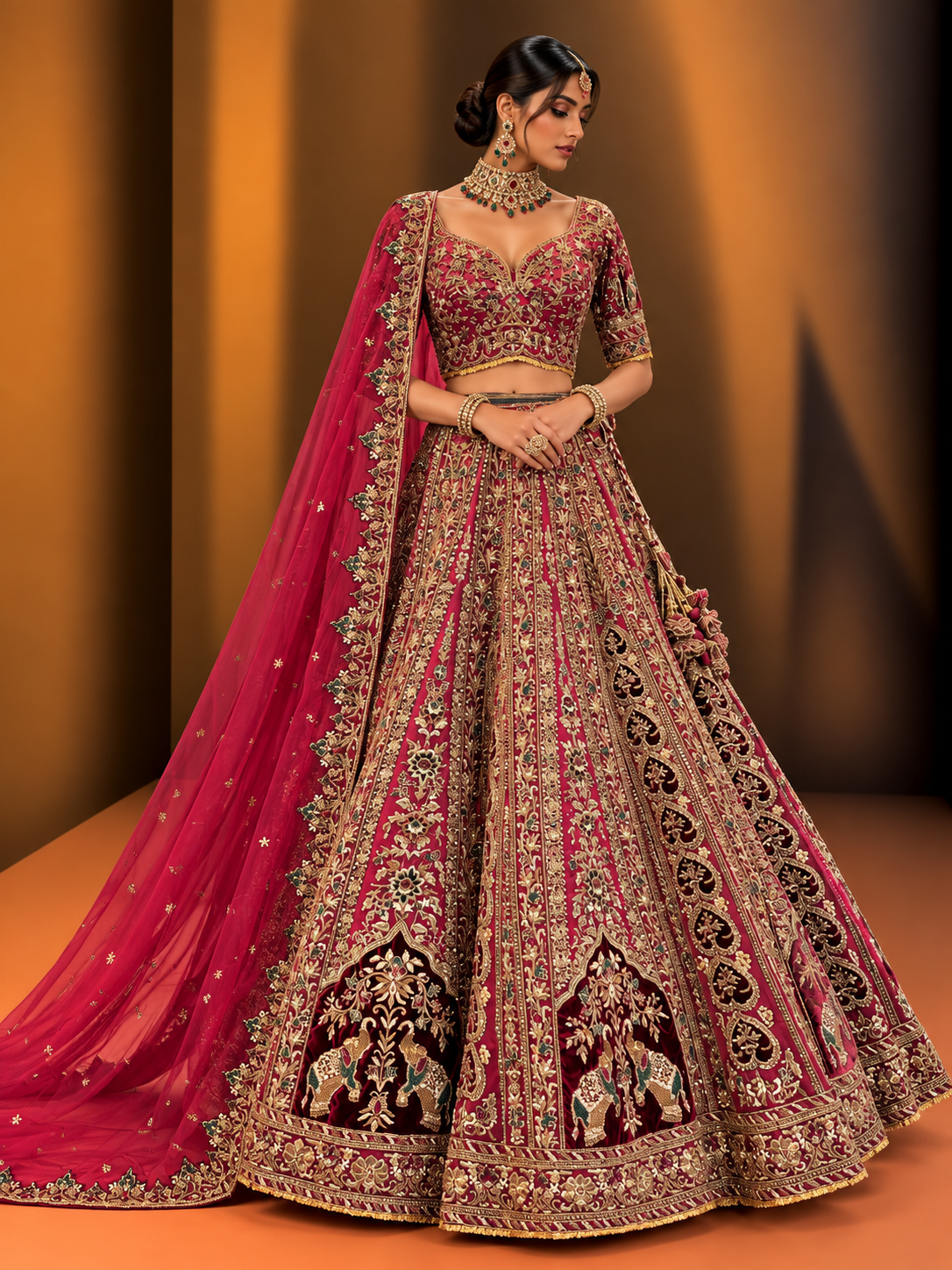 Maroon and gold embroidered bridal lehenga with bridal choker