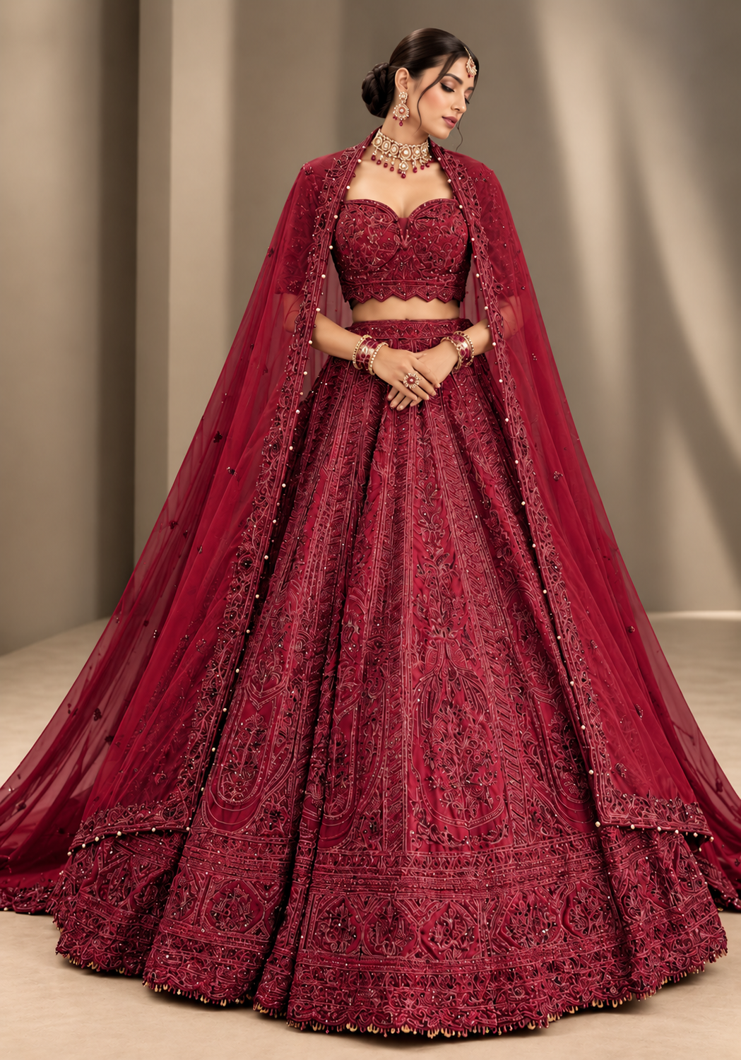 Deep burgundy tone-on-tone embroidered bridal lehenga