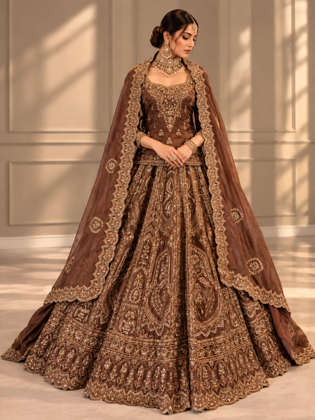 Chocolate brown and antique gold embroidered bridal lehenga with bridal choker