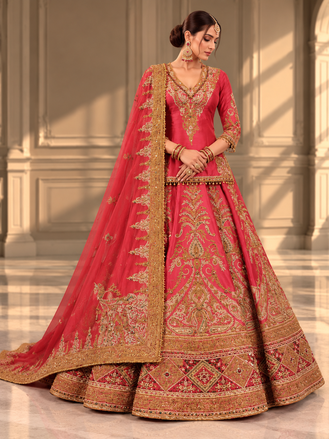 Coral red and gold embroidered bridal lehenga