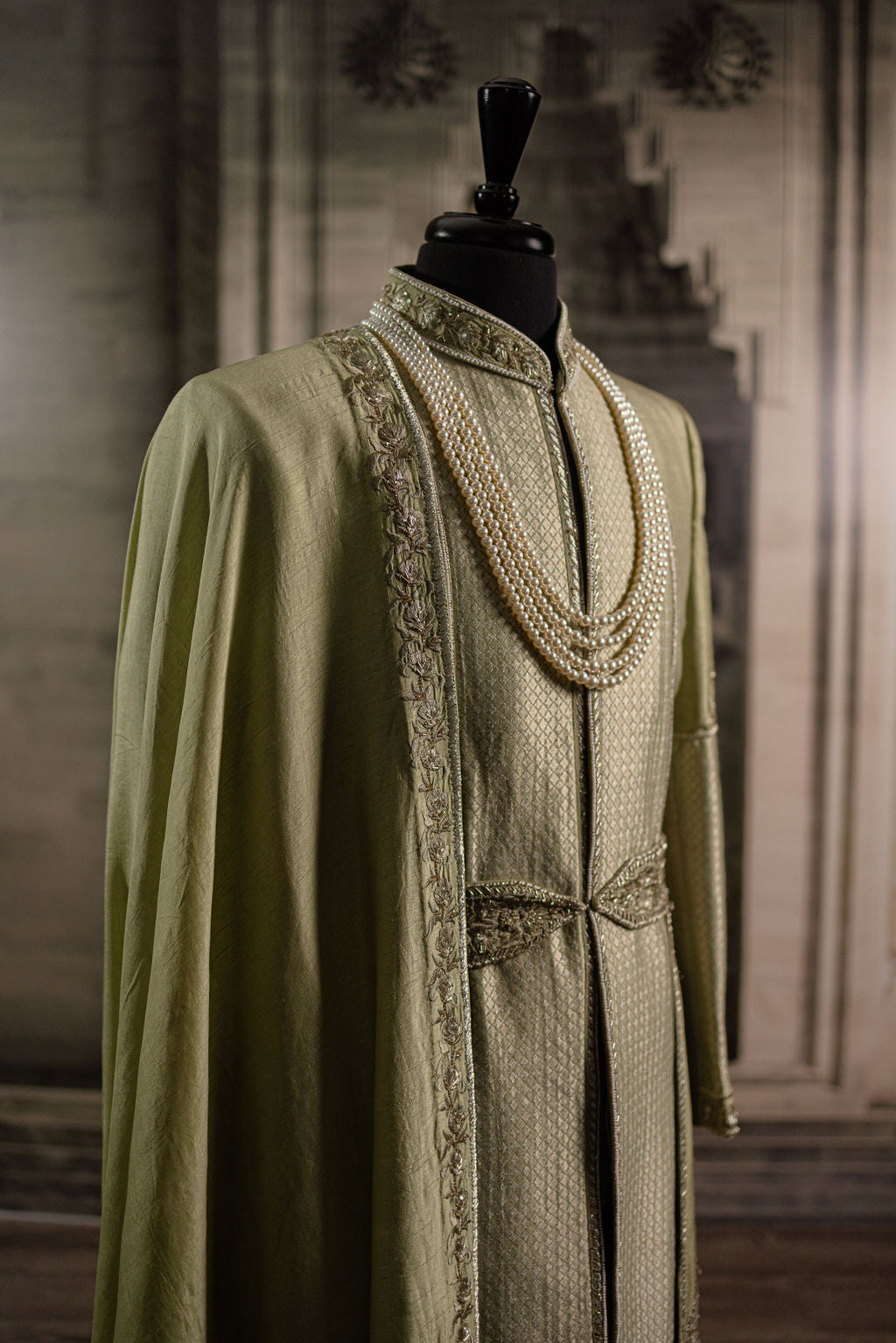 Green Shervani with Cape