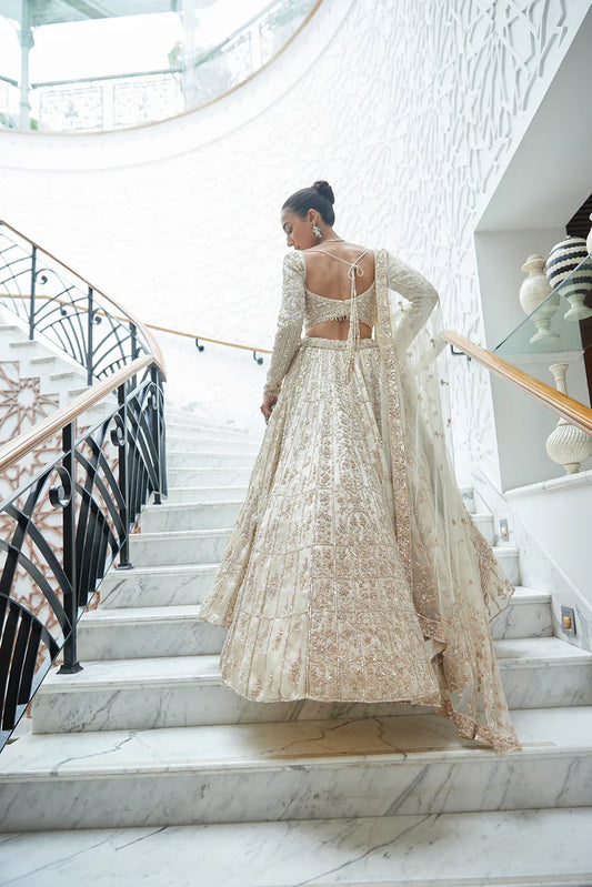 Mei champagne organza embellished lehenga by WellGroomed