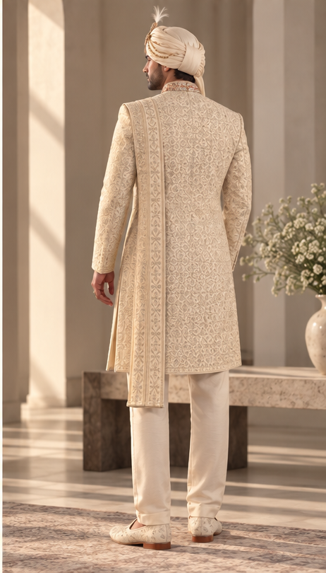 WG-9976 ivory embroidered groom sherwani back view