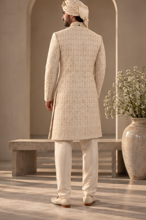 WG-9983 ivory embroidered groom sherwani back view