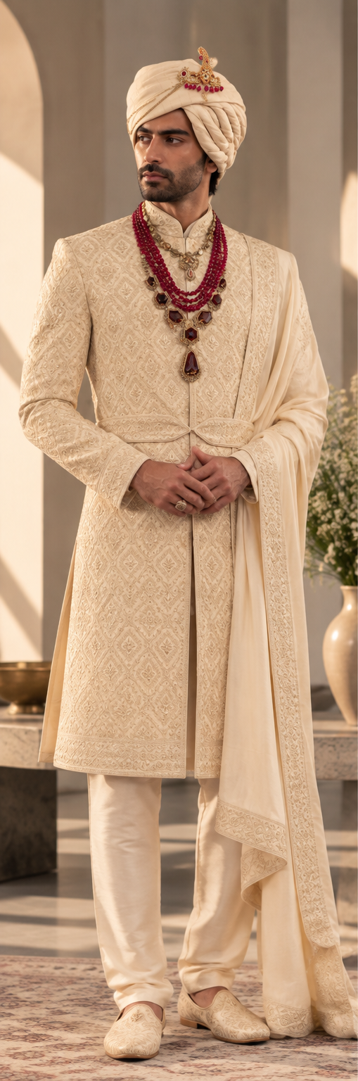 WG-9984 ivory embroidered groom sherwani front view