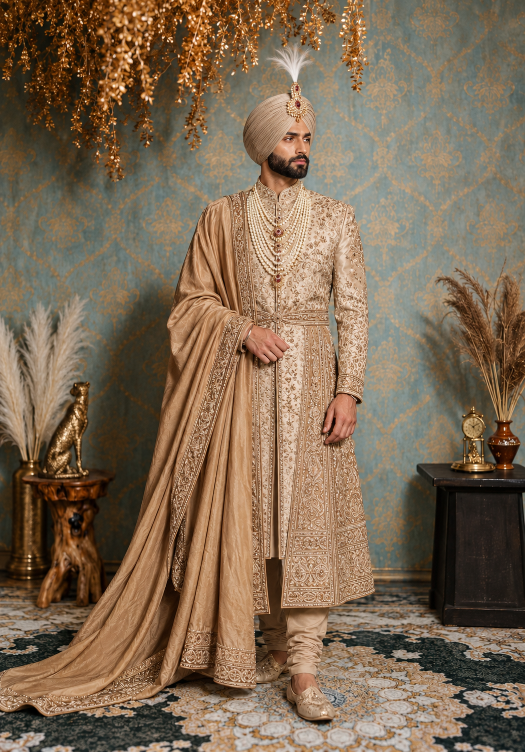 WG-G12027 Beige Antique Gold Cape Sherwani