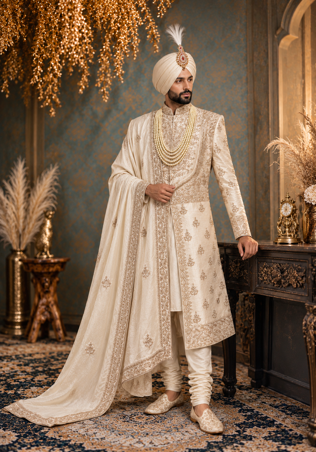 WG-G12028 Ivory Antique Gold Sherwani