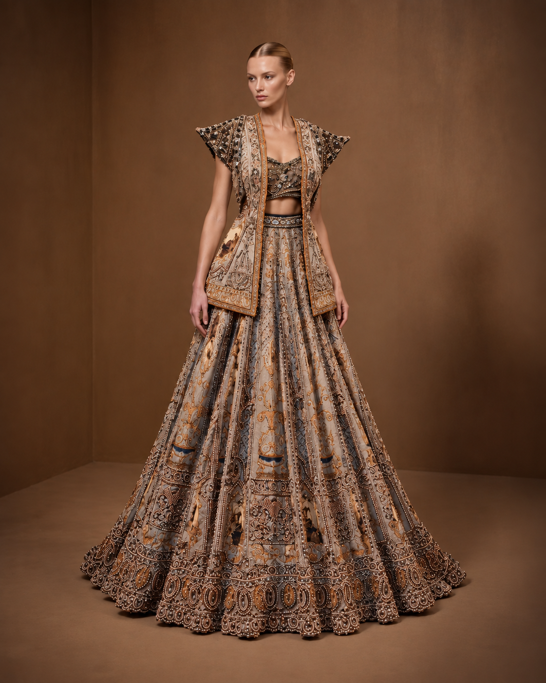 Embroidered Taupe & Antique Gold Lehenga – WellGroomed Designs