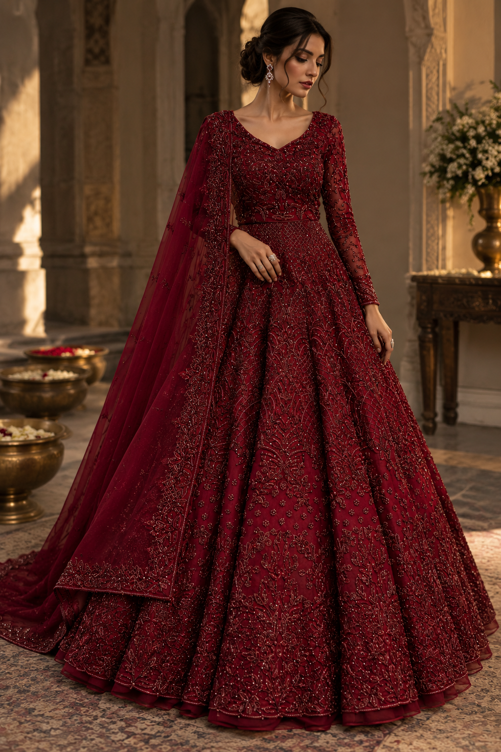 Deep burgundy embroidered Anarkali gown