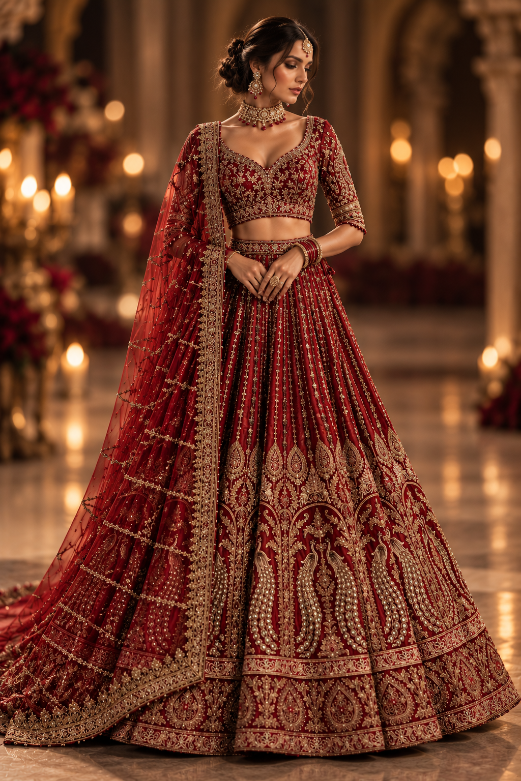 Deep red and gold embroidered bridal lehenga