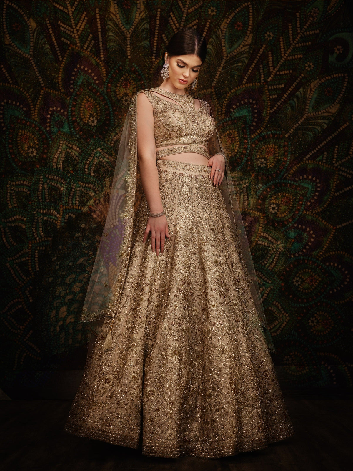 Maya taupe gold zardozi reception lehenga by WellGroomed