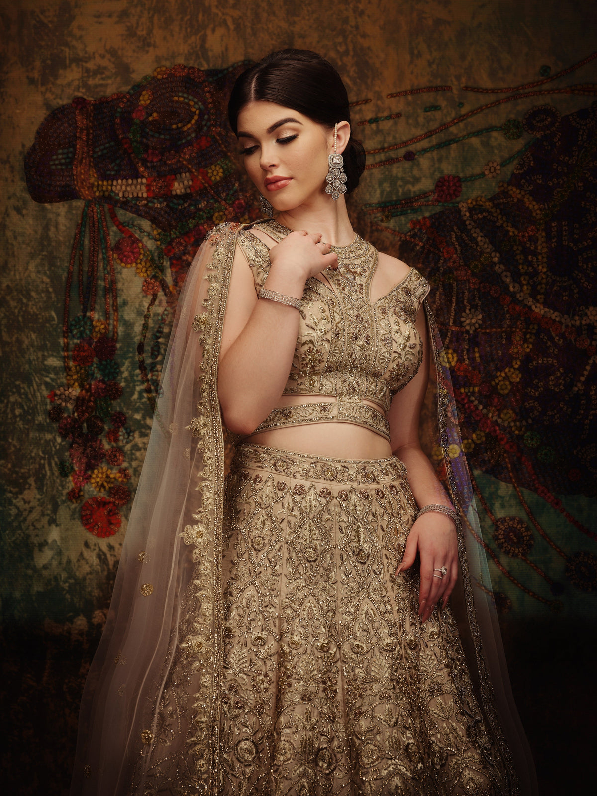 Maya taupe gold zardozi reception lehenga by WellGroomed