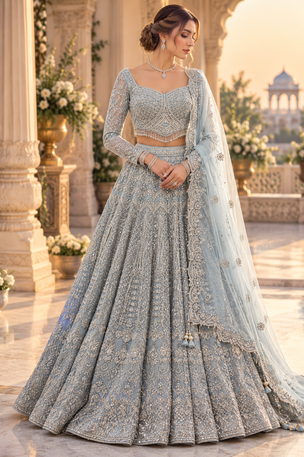 Icy blue silver embroidered reception lehenga