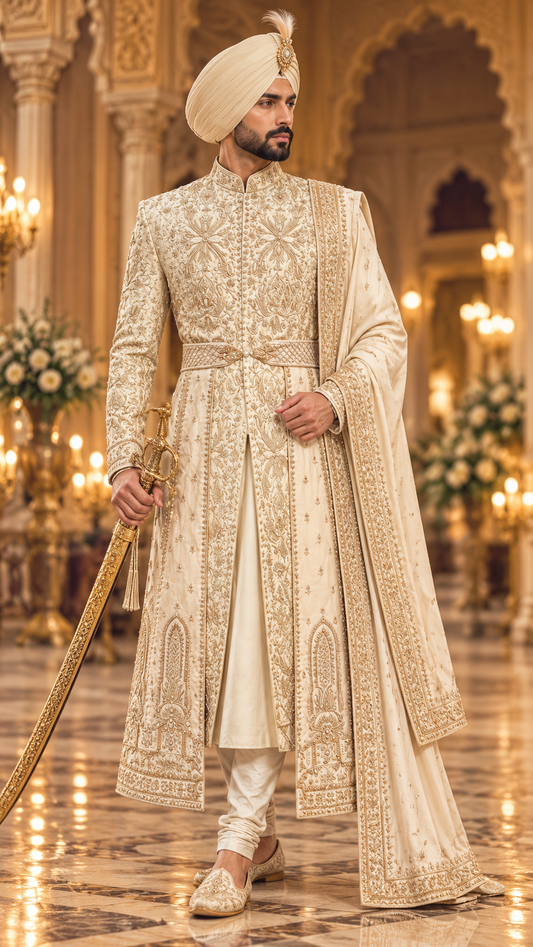 Ivory and champagne gold embroidered Sikh groom sherwani with matching turban, shawl and ceremonial sword
