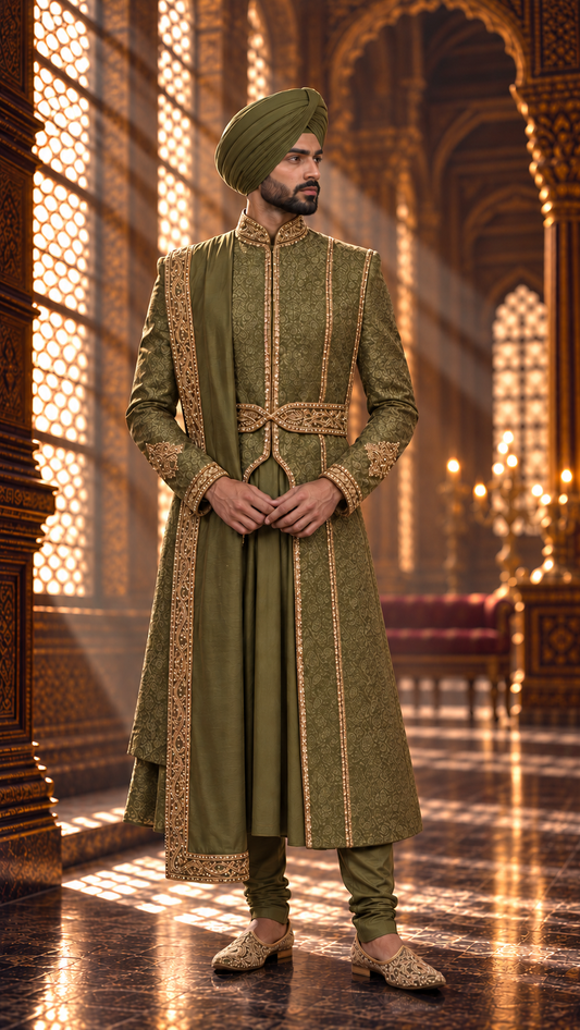 Olive green embroidered Sikh groom sherwani with matching green turban and gold detailing