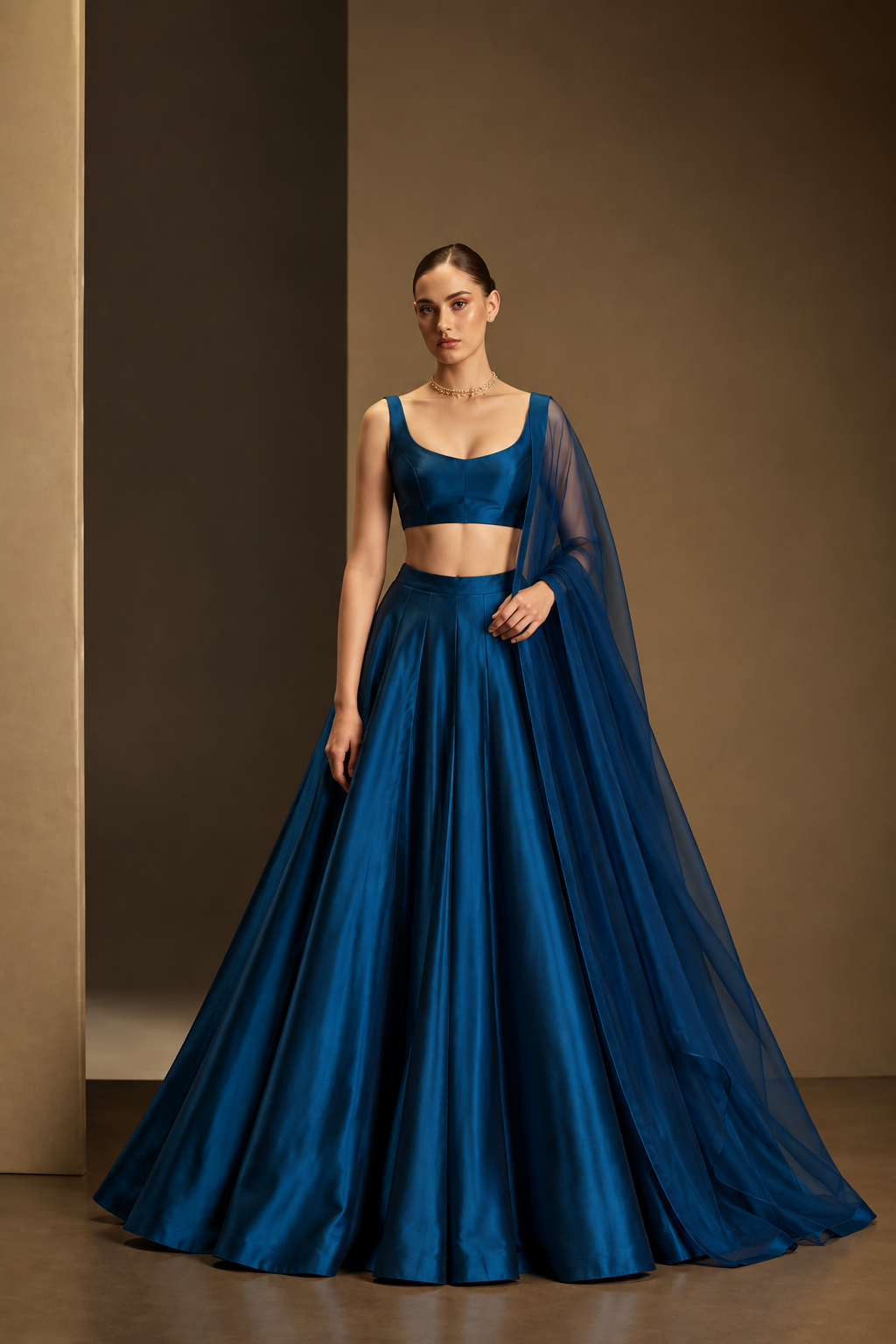 Deep Blue plain lehenga with sleeveless choli and matching sheer dupatta