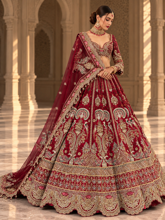 Deep maroon embroidered bridal lehenga