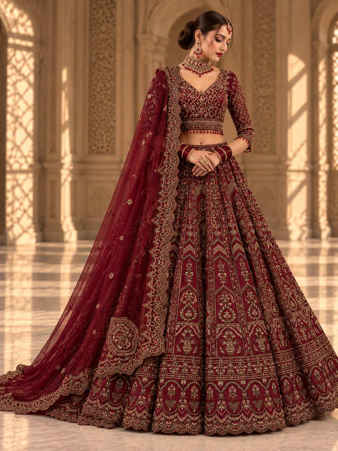 Deep maroon embroidered bridal lehenga