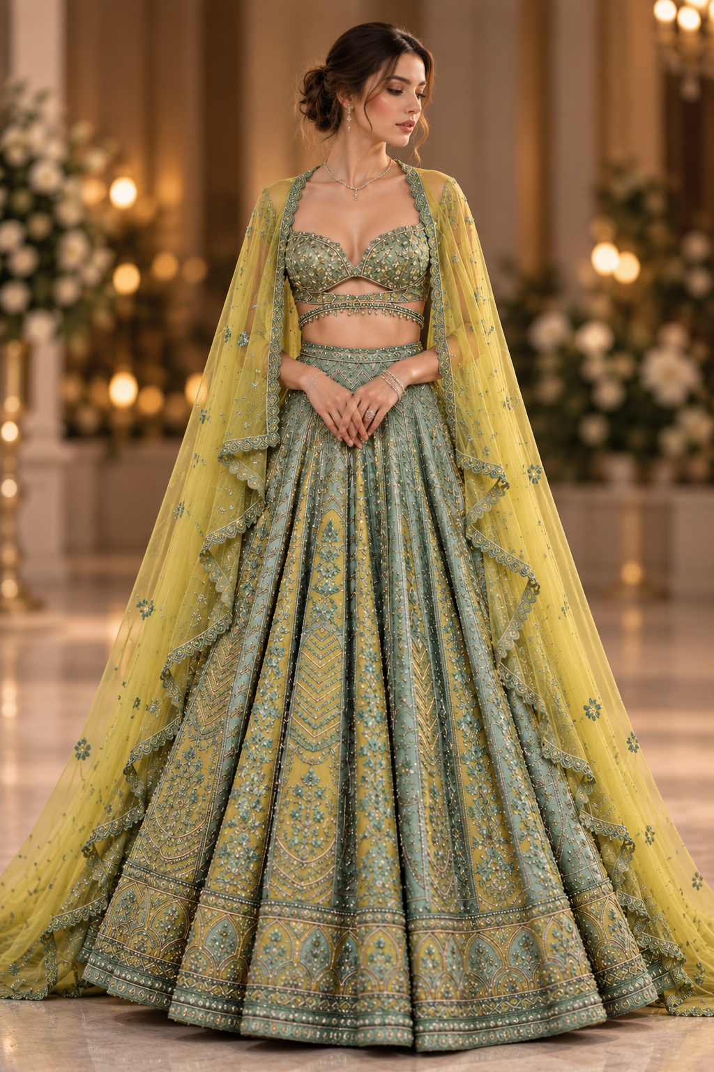 Mint green and yellow embroidered reception lehenga