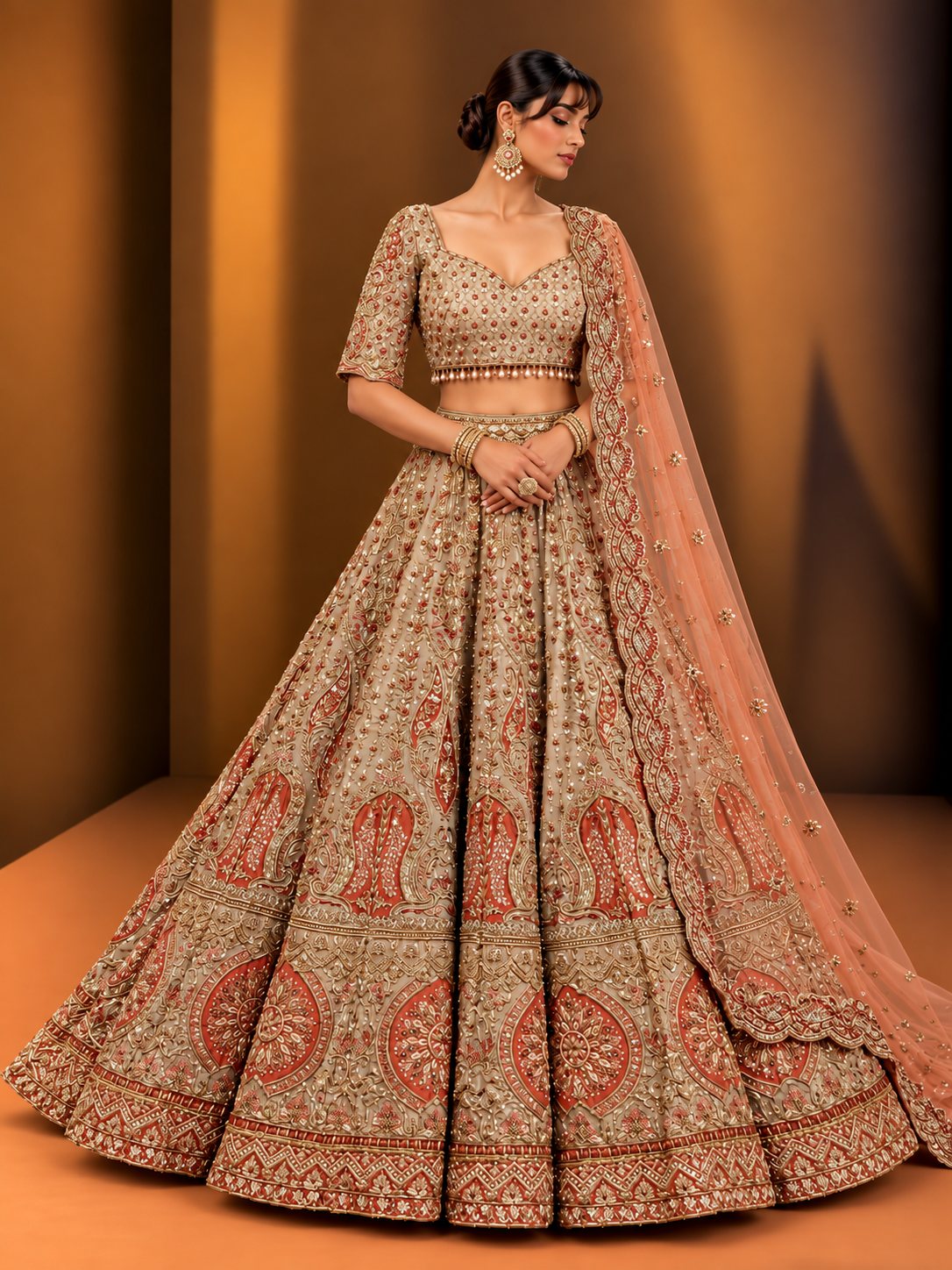 Champagne gold and coral embroidered bridal lehenga