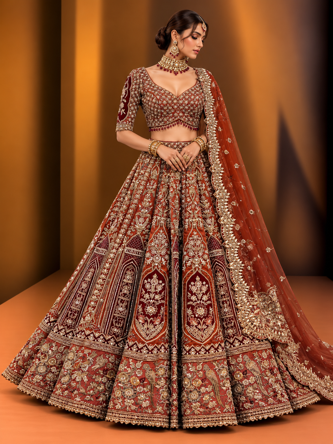 Rust and burgundy embroidered bridal lehenga with bridal choker