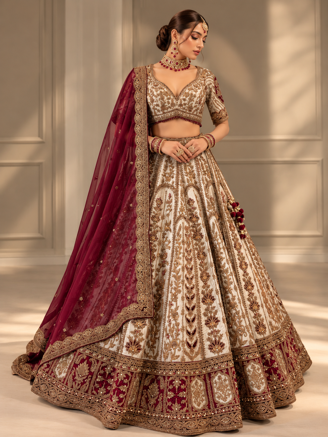 Ivory gold and maroon embroidered bridal lehenga