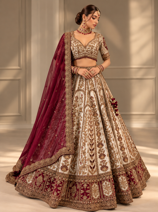 Ivory gold and maroon embroidered bridal lehenga