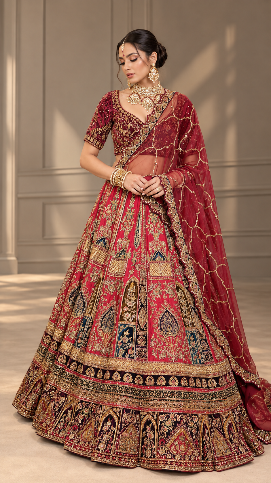 Red and maroon heritage embroidered bridal lehenga