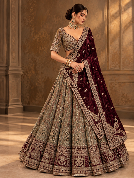 Muted olive and maroon embroidered bridal lehenga