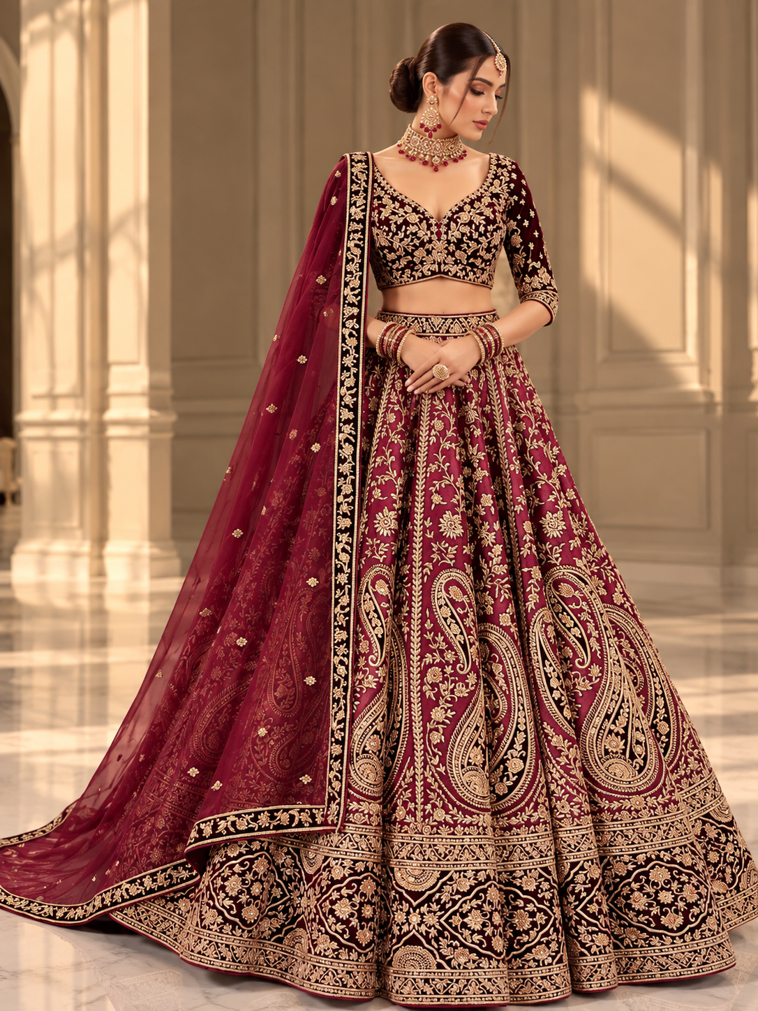 Burgundy and gold paisley embroidered bridal lehenga