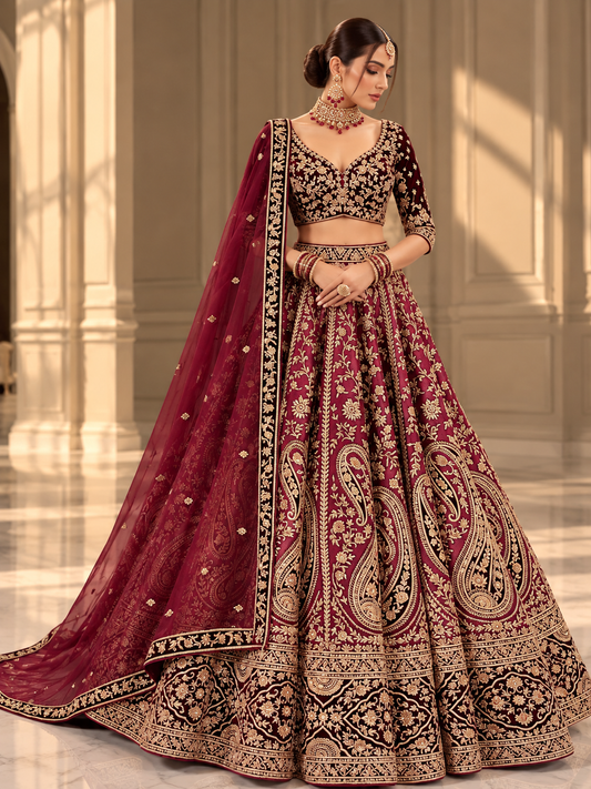 Burgundy and gold paisley embroidered bridal lehenga