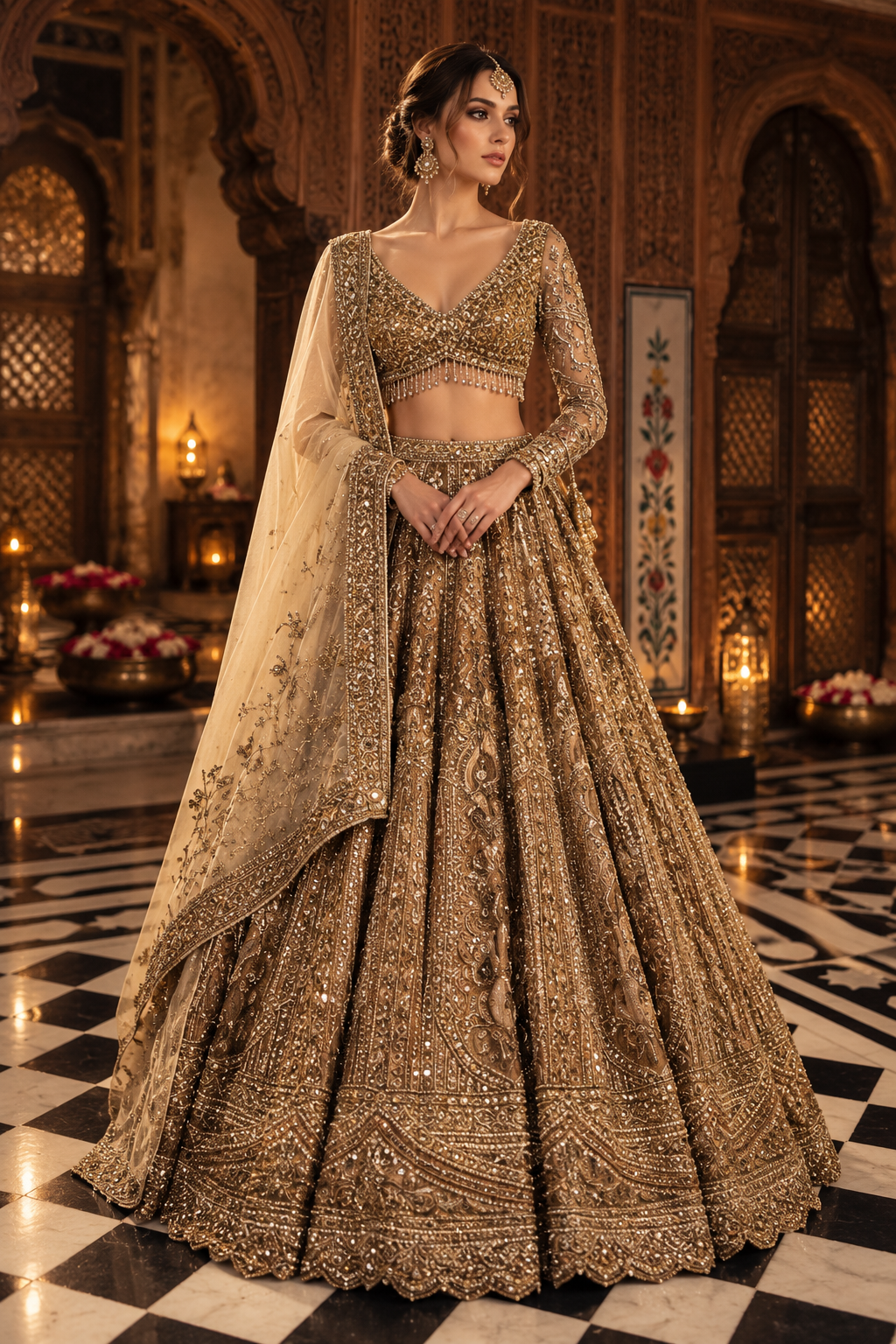 Champagne gold heavily embroidered bridal lehenga