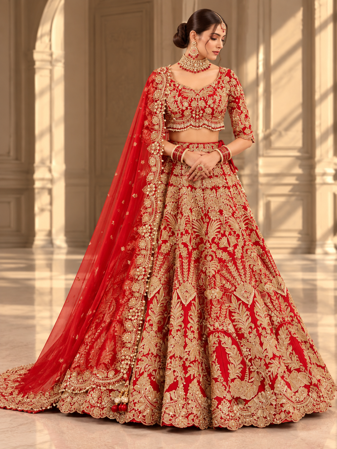 Red and gold embroidered bridal lehenga