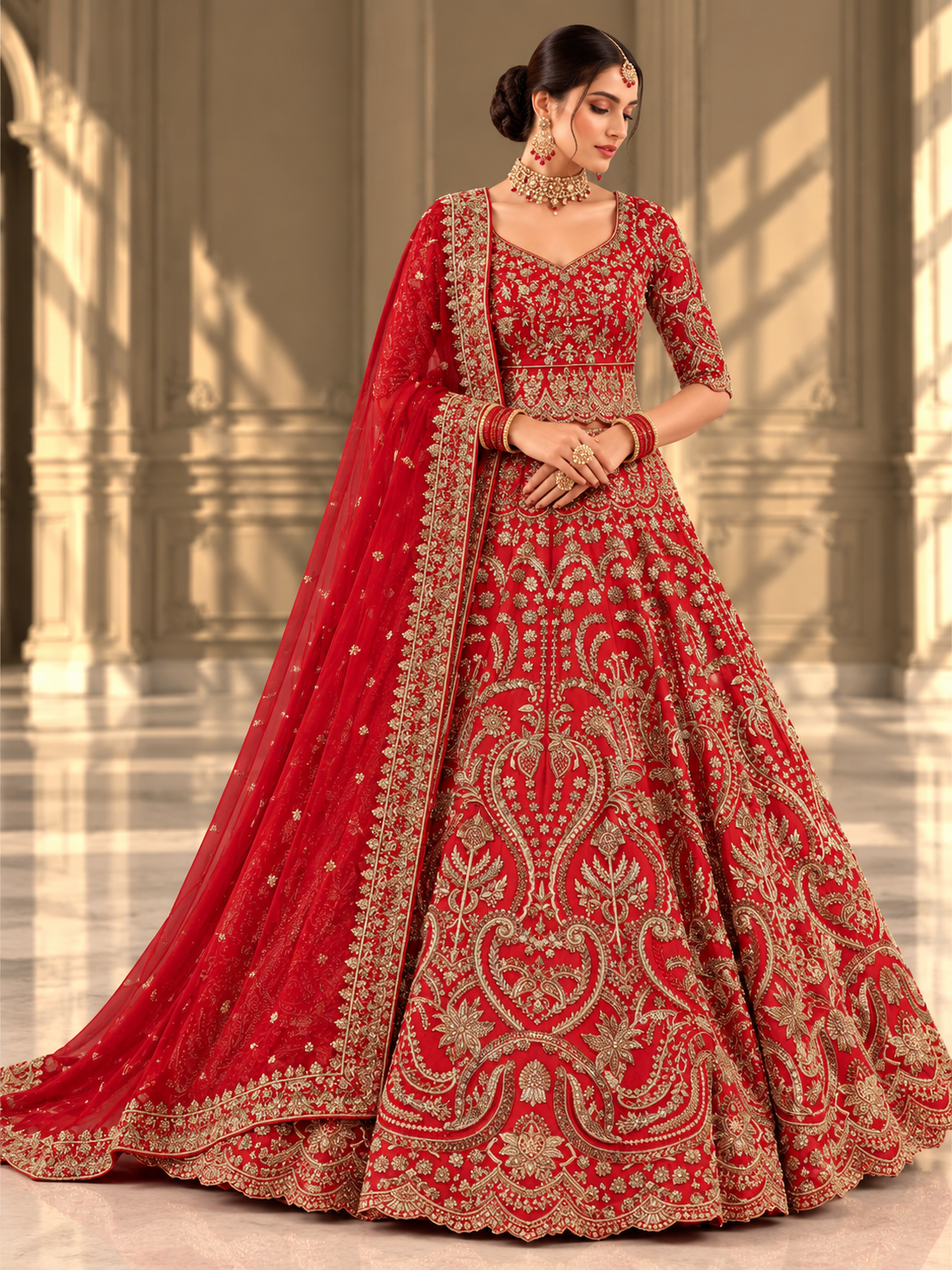 Red and gold embroidered bridal lehenga